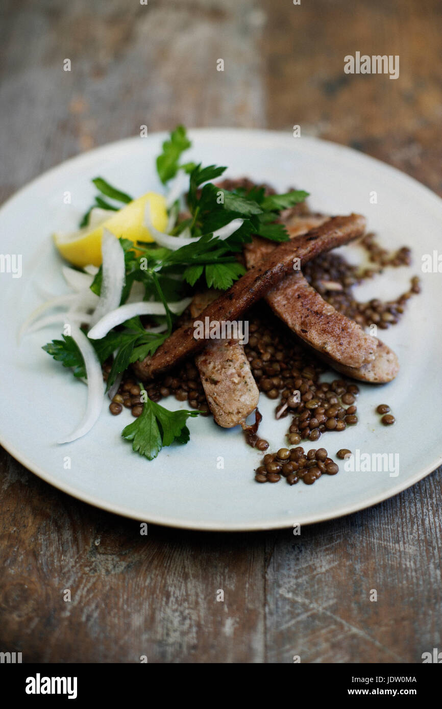 Plate of steak and lentils Stock Photo