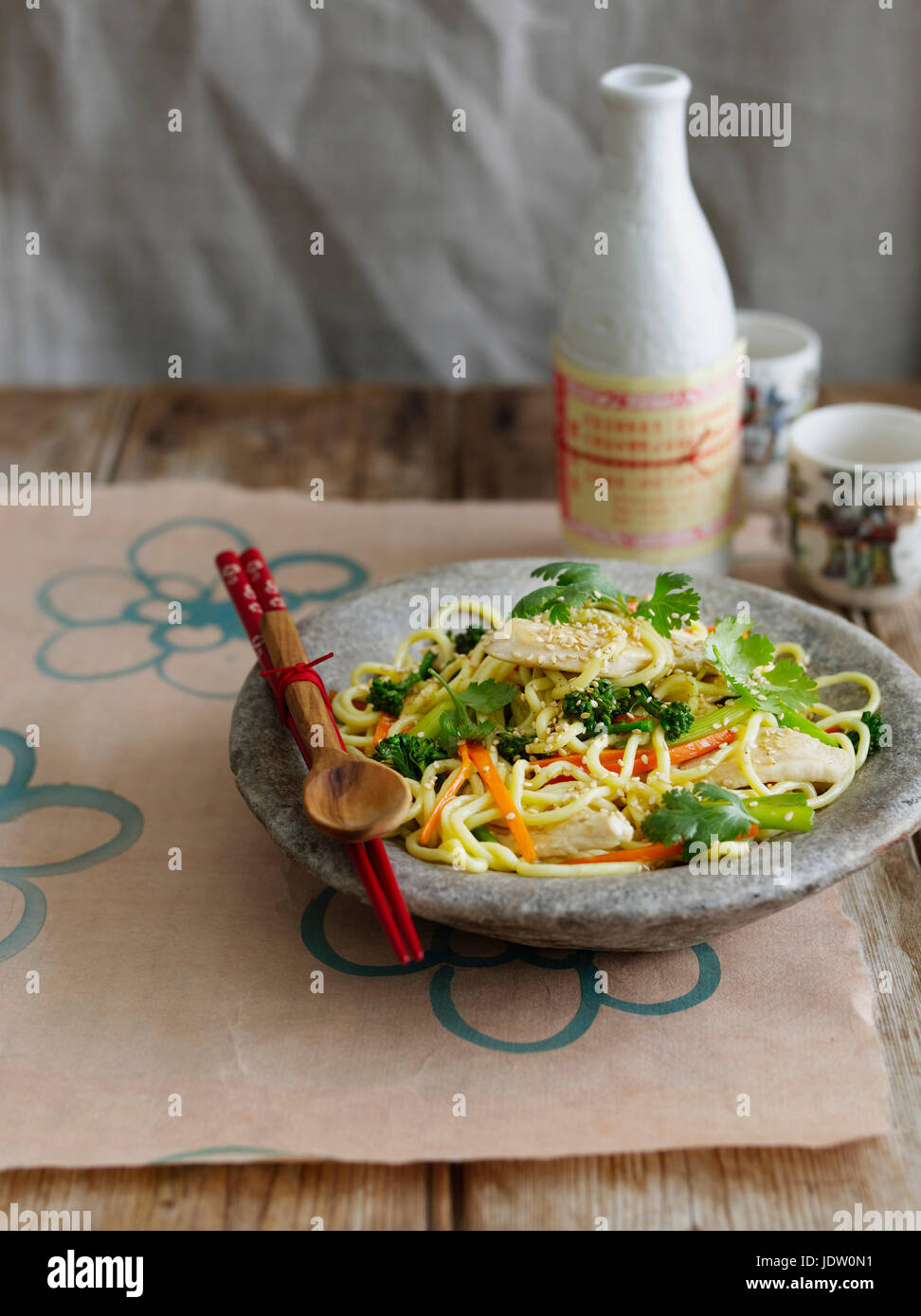Bowl of vegetables and noodles Stock Photo