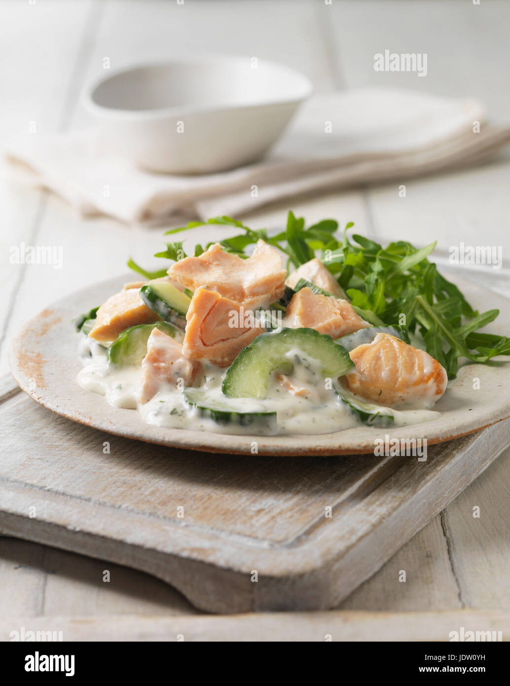 Plate of salmon with dill mayonnaise Stock Photo