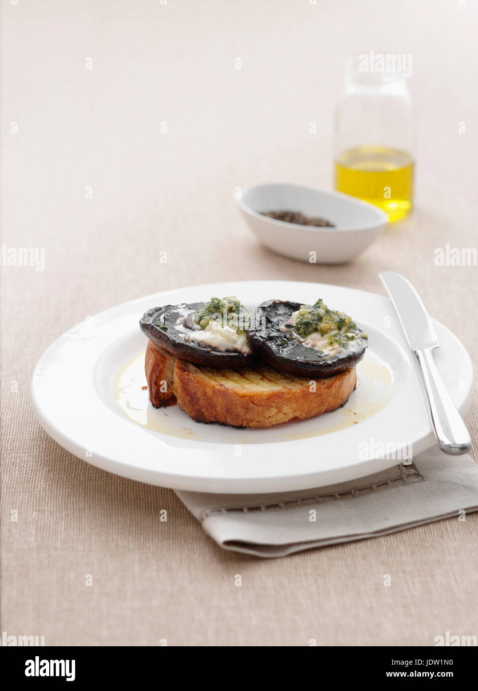 Plate of bread with mushrooms Stock Photo