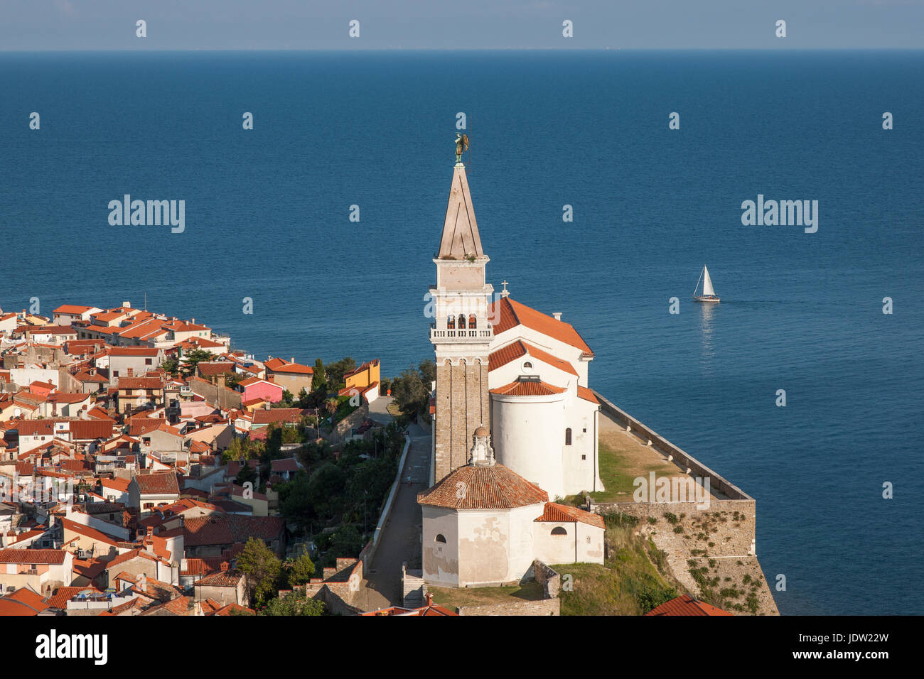 Aerial view of church and coastal city Stock Photo