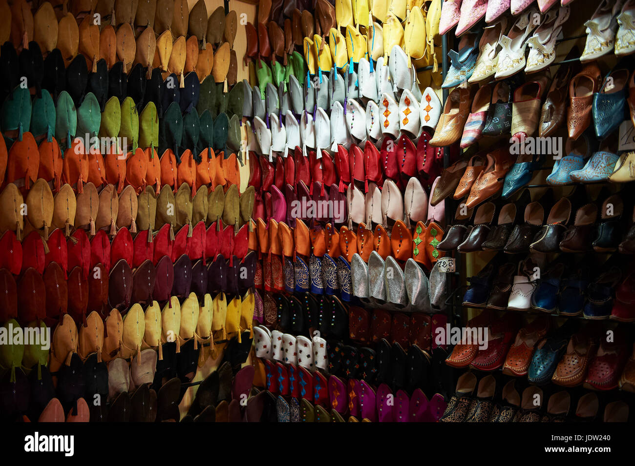 Wall full of shoes for sale Stock Photo