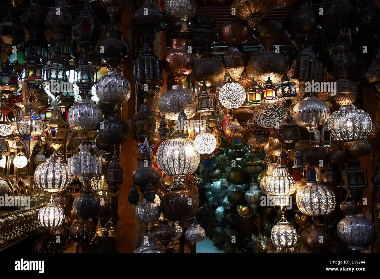 Ornate metal lanterns for sale in market Stock Photo