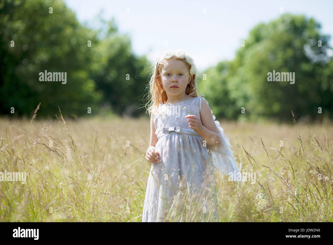 Girl wearing angel wings in field Stock Photo