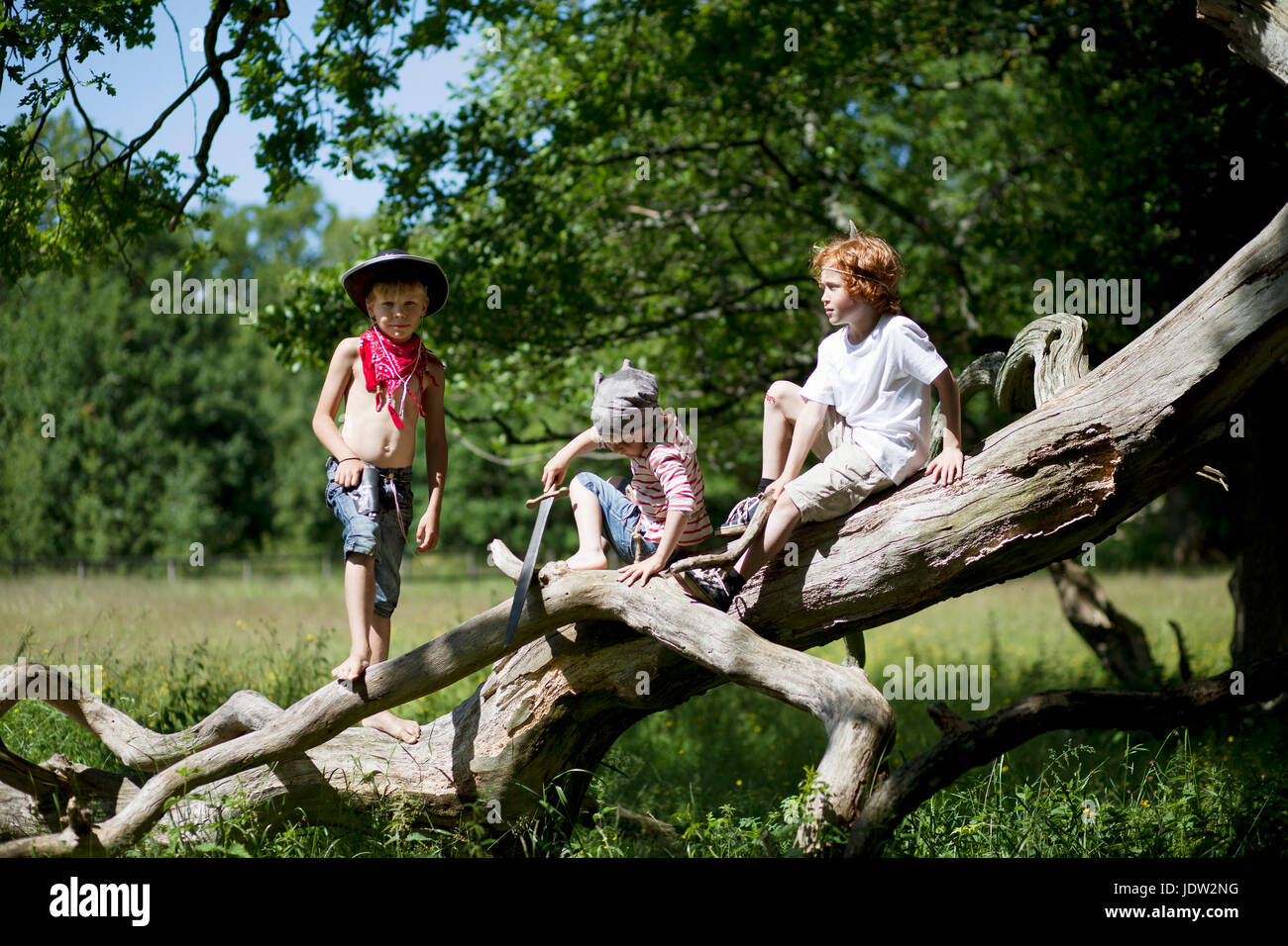 Children in costumes playing on tree Stock Photo