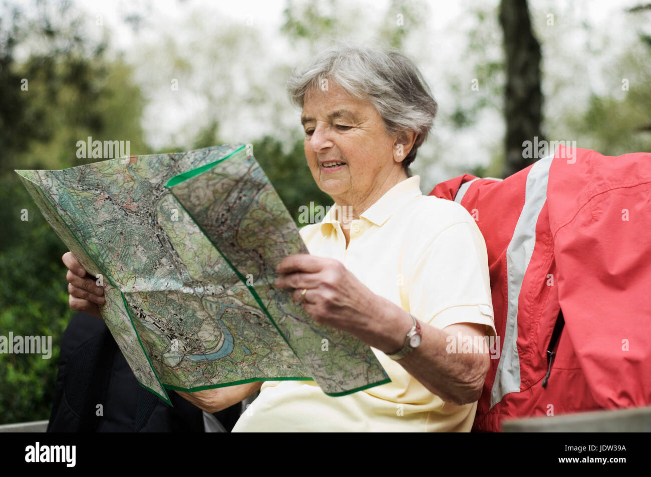 Older woman reading map in park Stock Photo