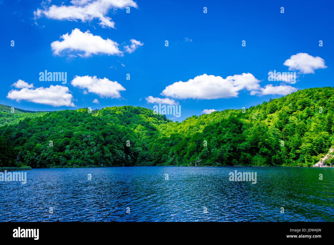 The largest lake at Plitvice Lakes National Park connects the upper and lower lakes Stock Photo