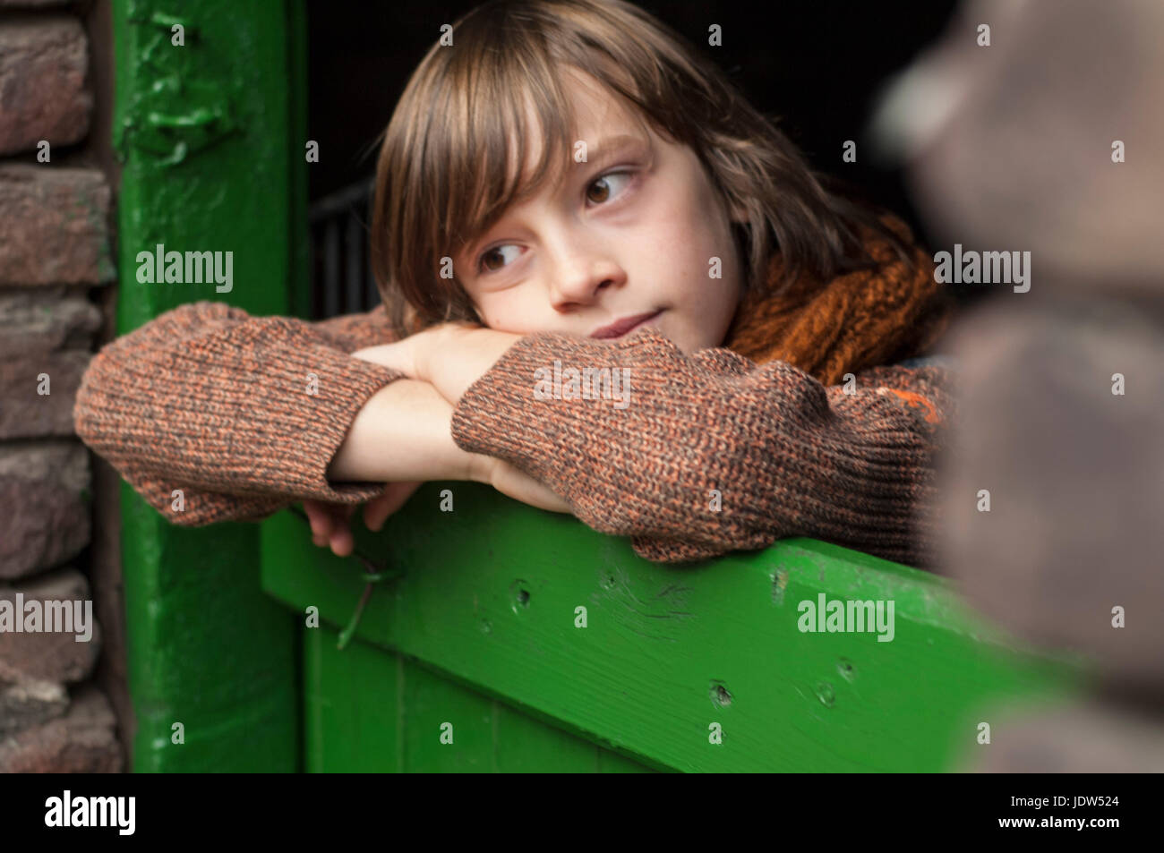 Boy leaning on green gate, looking away Stock Photo