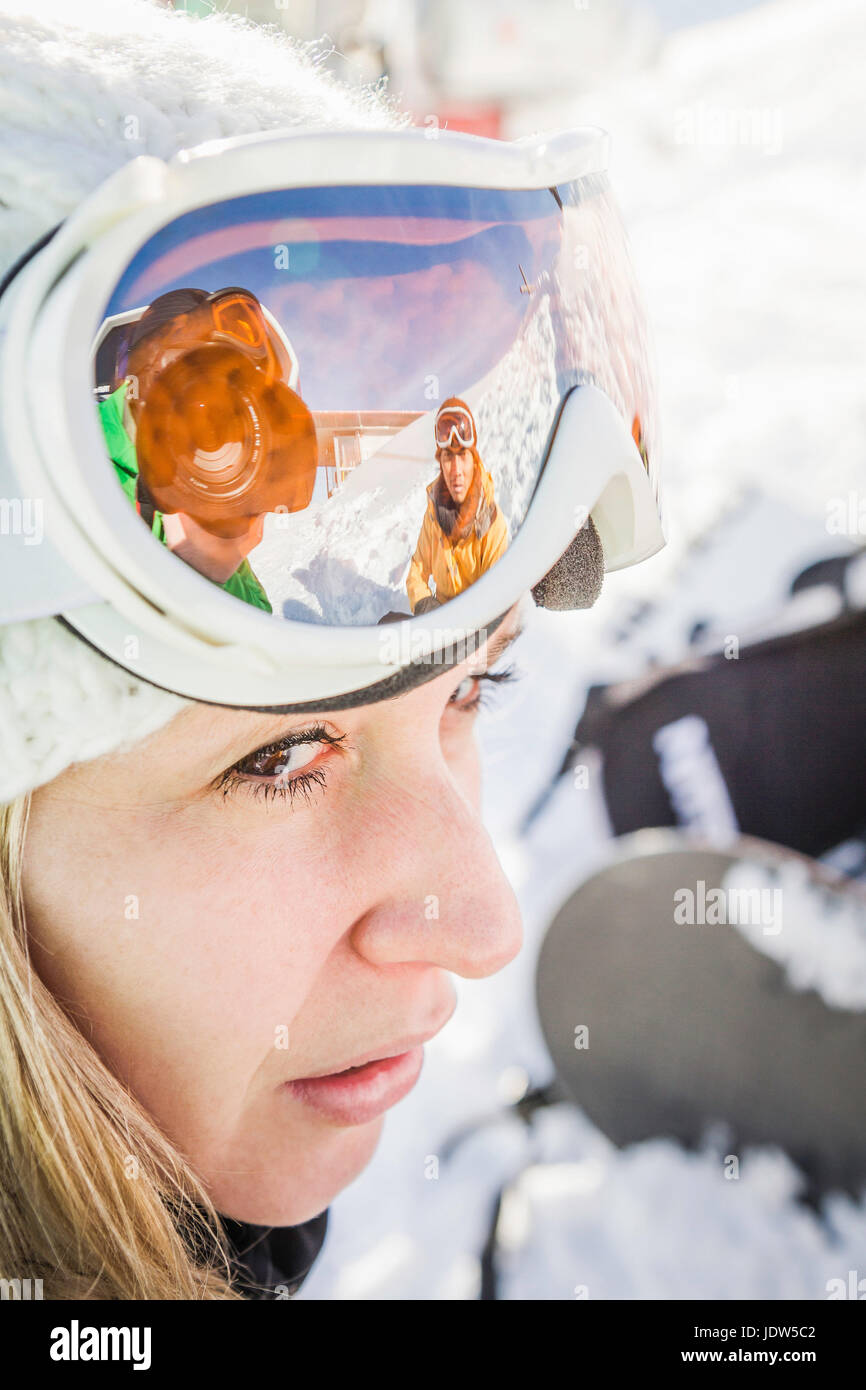 Close up portrait of female skier Kitzbuhel, Tyrol, Austria Stock Photo