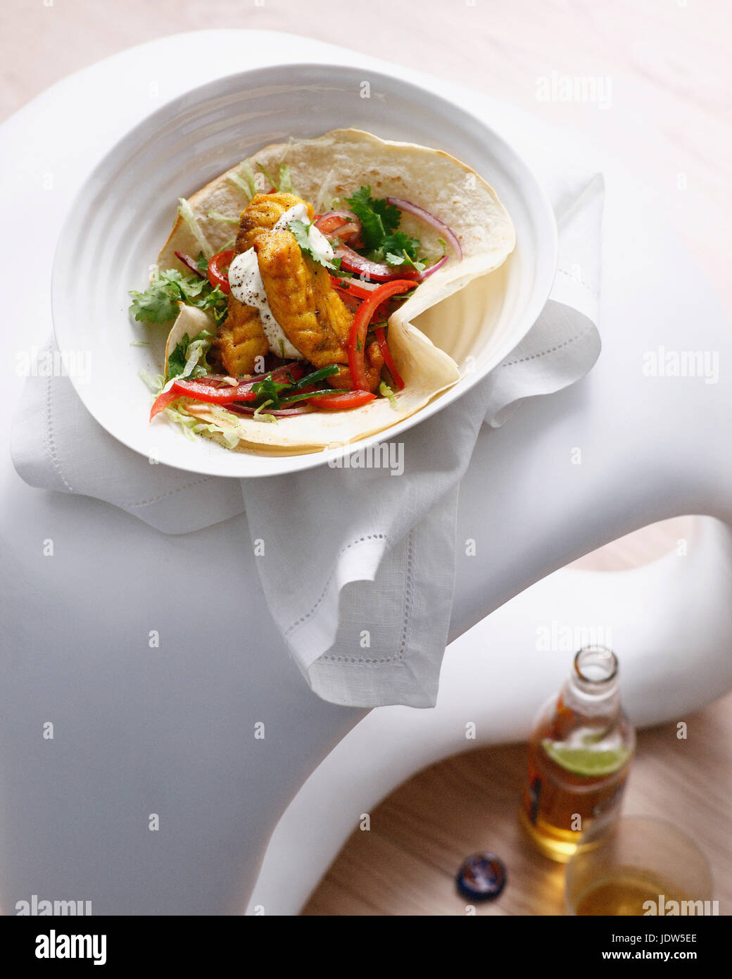 Fish taco with bottle of beer Stock Photo