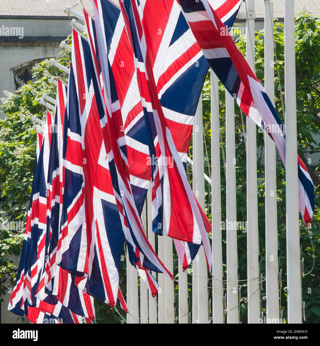 British Union Jack flags hang in Parliament Square, London, ahead of