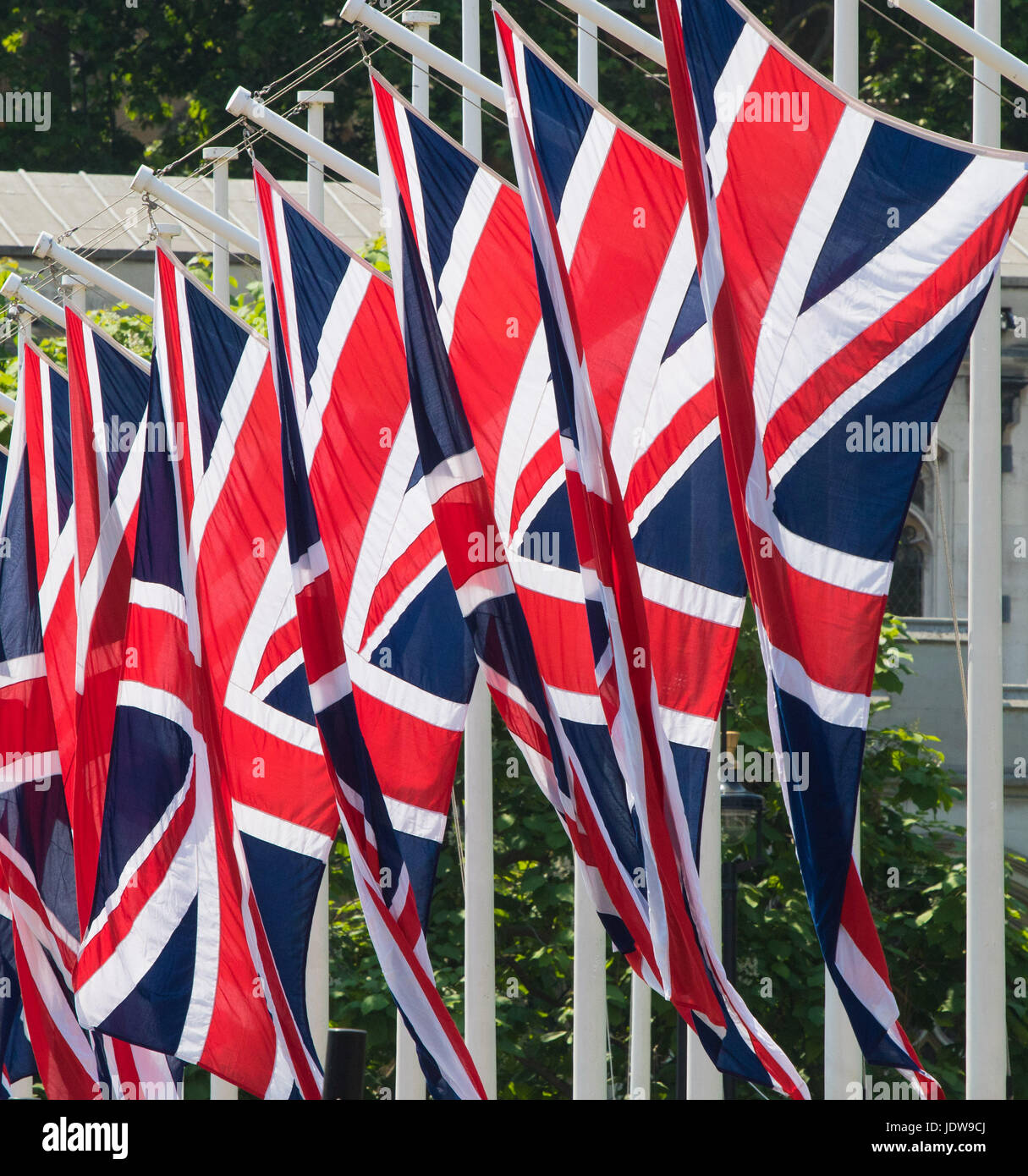 British Union Jack flags hang in Parliament Square, London, ahead of