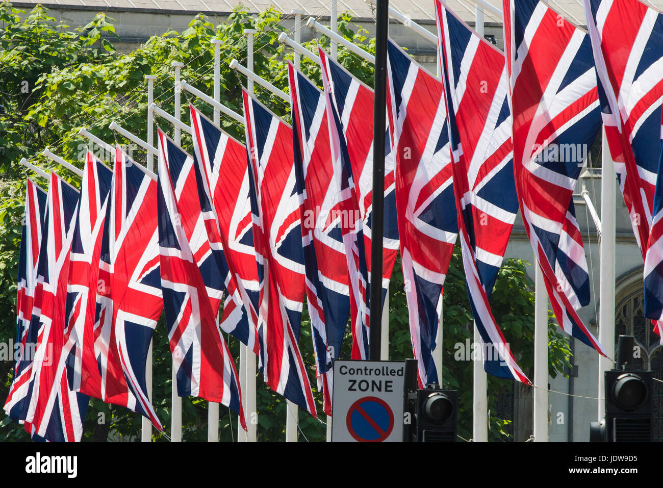 British Union Jack flags hang in Parliament Square, London, ahead of