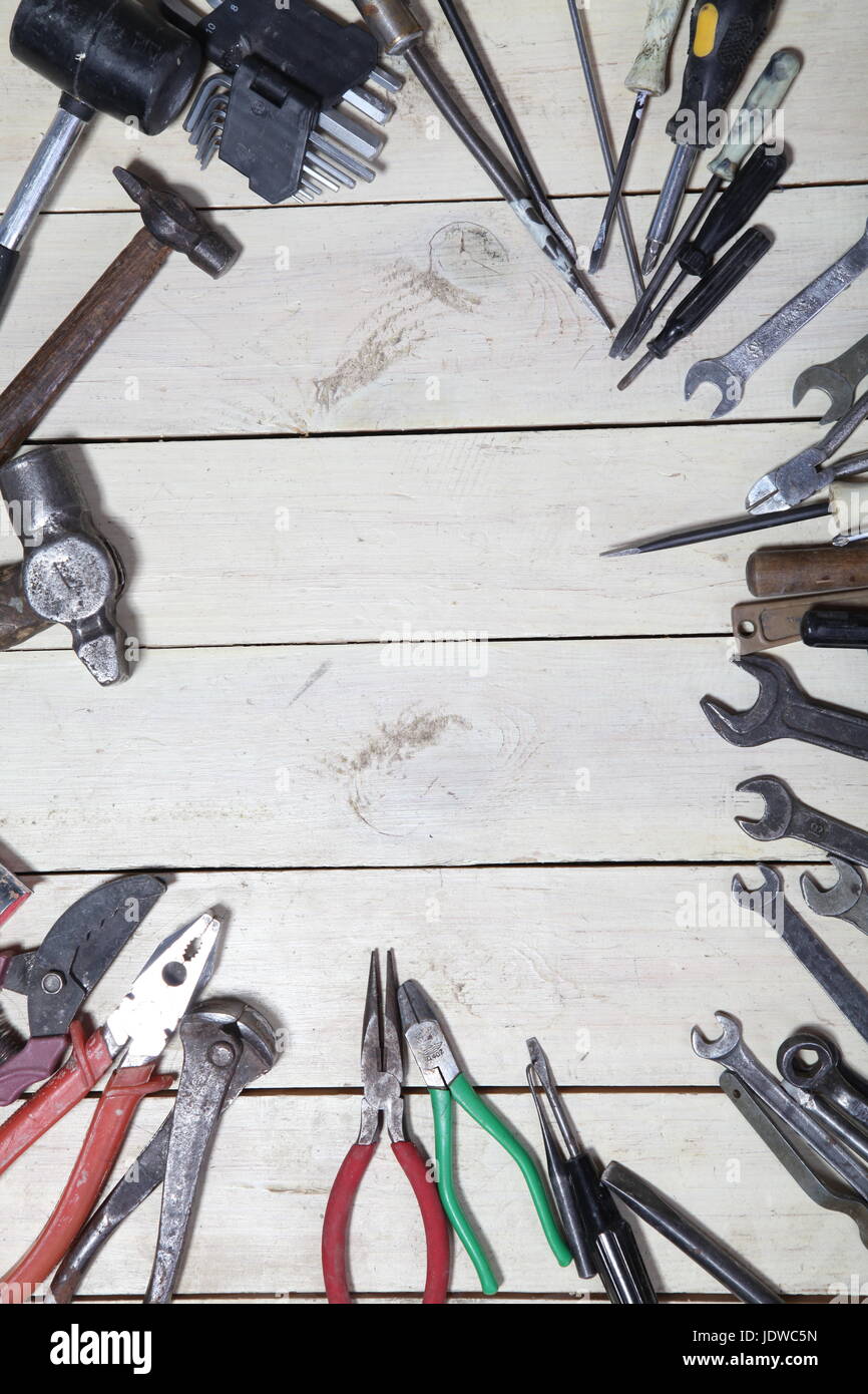 construction tools for repair hammers screwdriver drill keys Stock