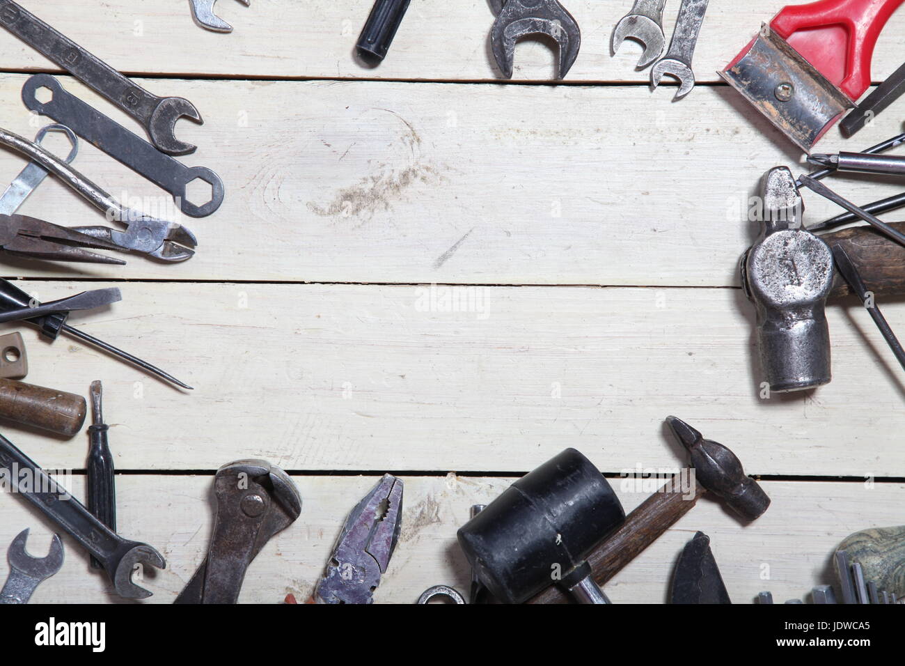 construction tools for repair hammers screwdriver drill keys Stock