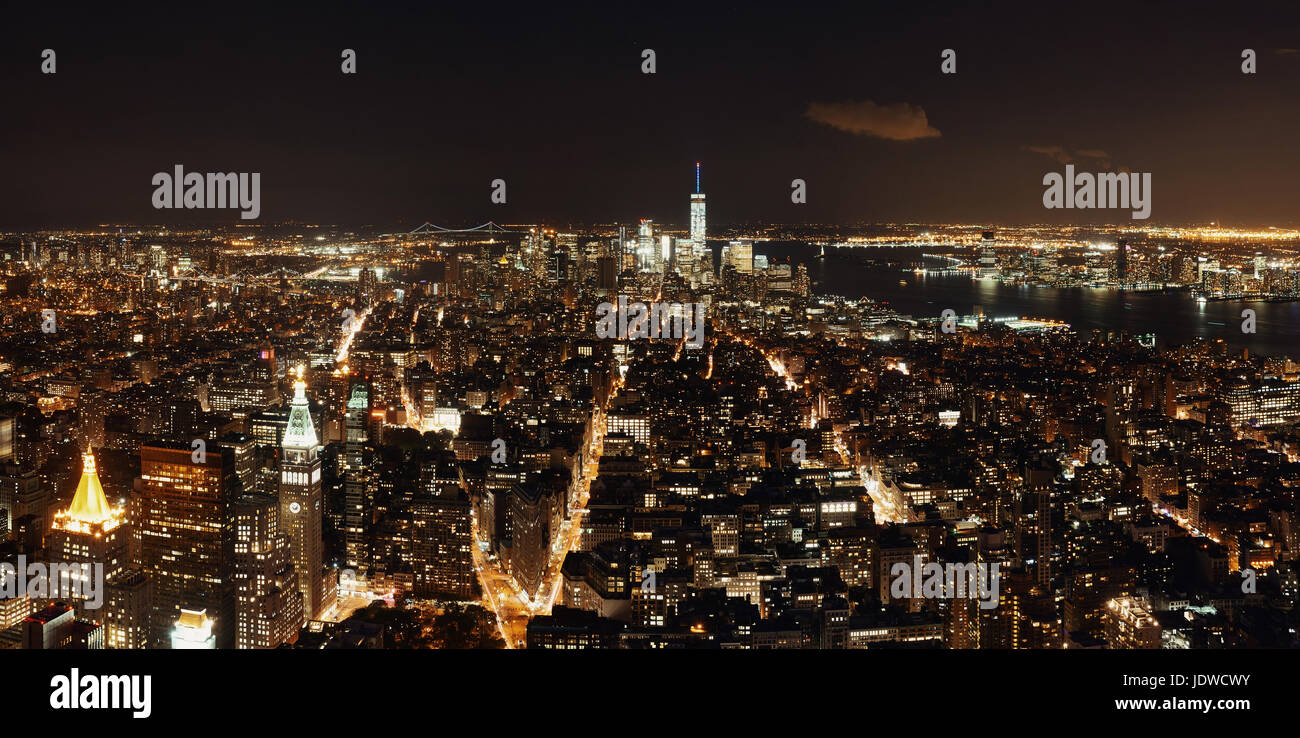 New York City downtown skyline panorama night view Stock Photo - Alamy