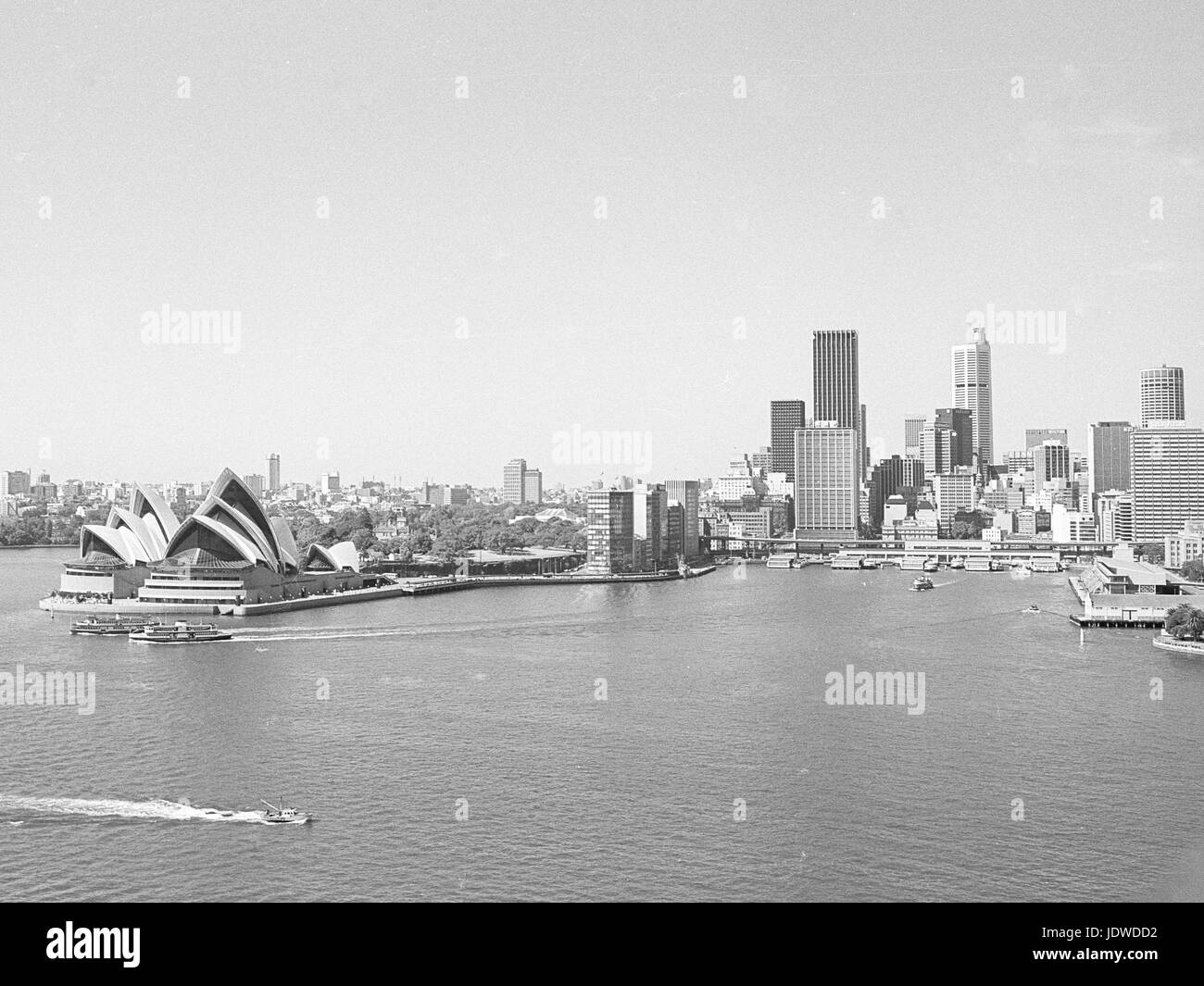 Opera House and skyline, taken from Harbour Bridge, 1980s, Sydney, NSW