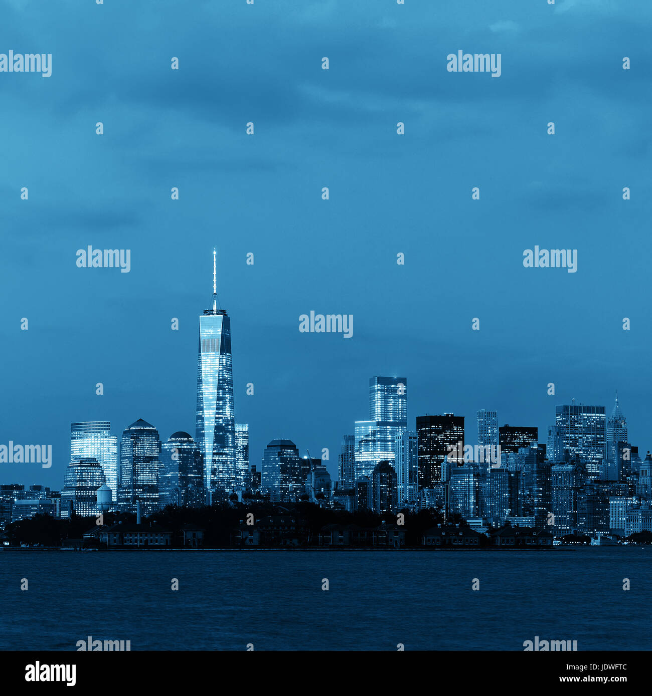 New York City downtown skyline panorama in BW at dusk Stock Photo - Alamy