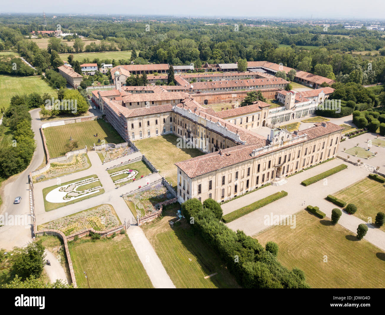 Villa Arconati, Castellazzo, Bollate, Milan, Italy. Aerial view of Villa Arconati 21/06/2017. Gardens and park, Groane Park. Palace, baroque style pal Stock Photo