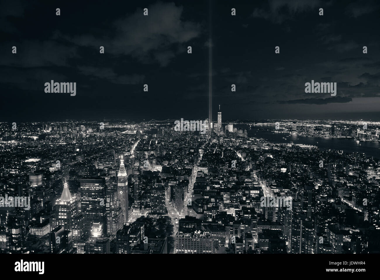 New York City downtown skyline view at night with September 11 tribute ...