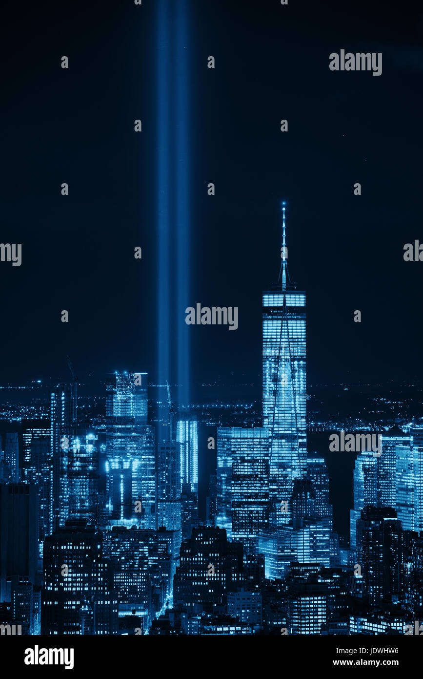 New York City downtown skyline view at night with September 11 tribute ...