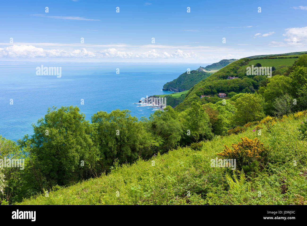 View of Woody Bay and the Bristol Channel, Exmoor National Park, North Devon, England. Stock Photo