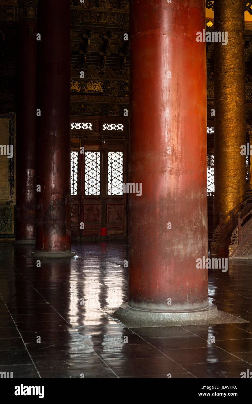 Atmospheric interior of Hall of Supreme harmony, Forbidden City, Chinese imperial palace, Beijing, China Stock Photo