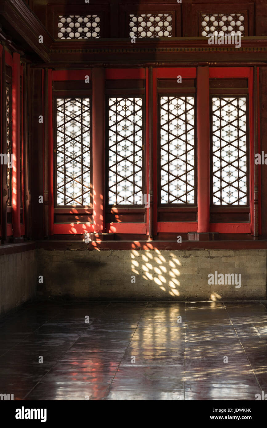 Atmospheric interior of Hall of Supreme harmony, Forbidden City, Chinese imperial palace, Beijing, China Stock Photo