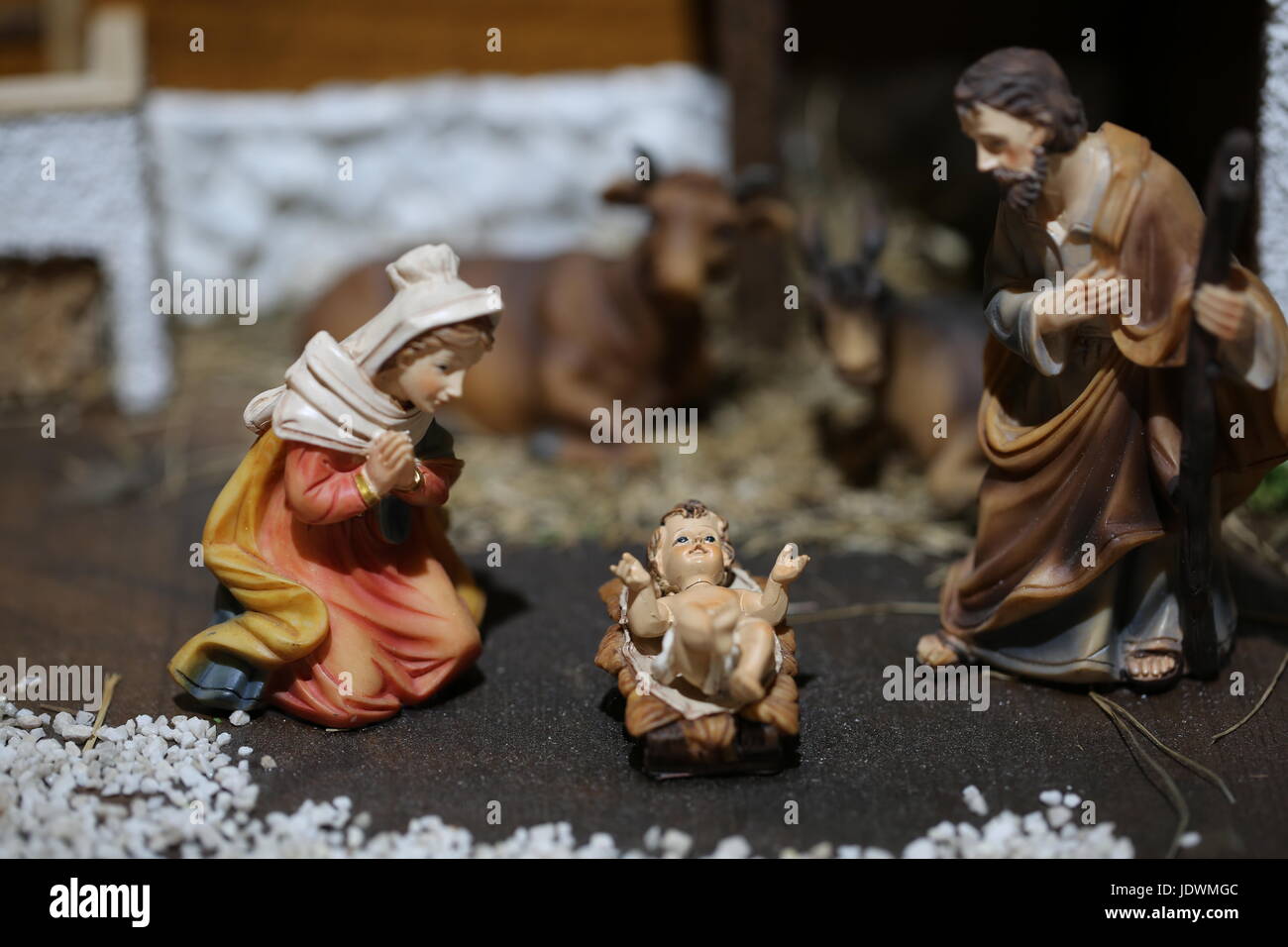 Traditional nativity scene with the Holy Family and the little baby ...