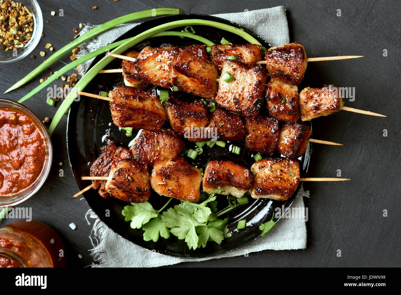 Pork kebabs, bbq meat on plate, top view Stock Photo Alamy