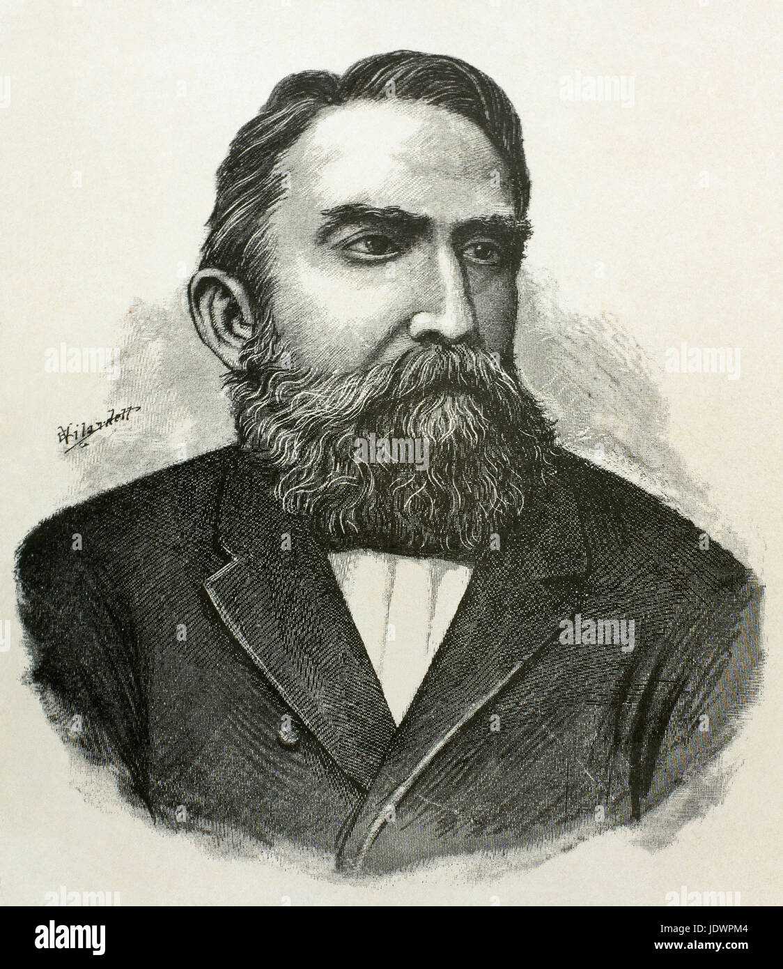 Rafael Nunez (1825-1894). Colombian author, lawyer, journalist and politician. Elected president of Colombia in 1880 and in 1884. Portrait. Engraving. 'Americanos Celebres', 1888. Stock Photo