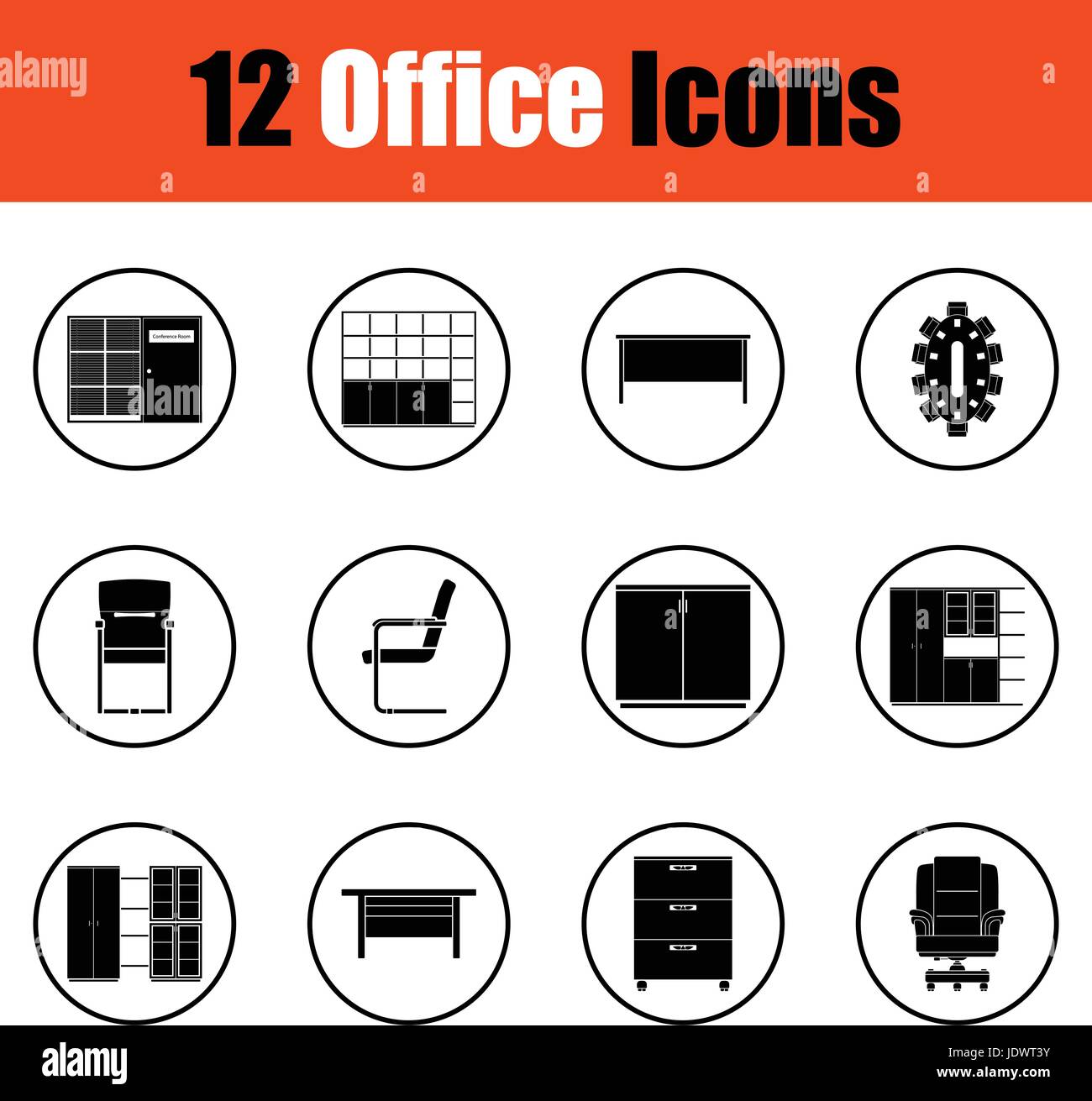 Office furniture icon set. Thin circle design. Vector illustration