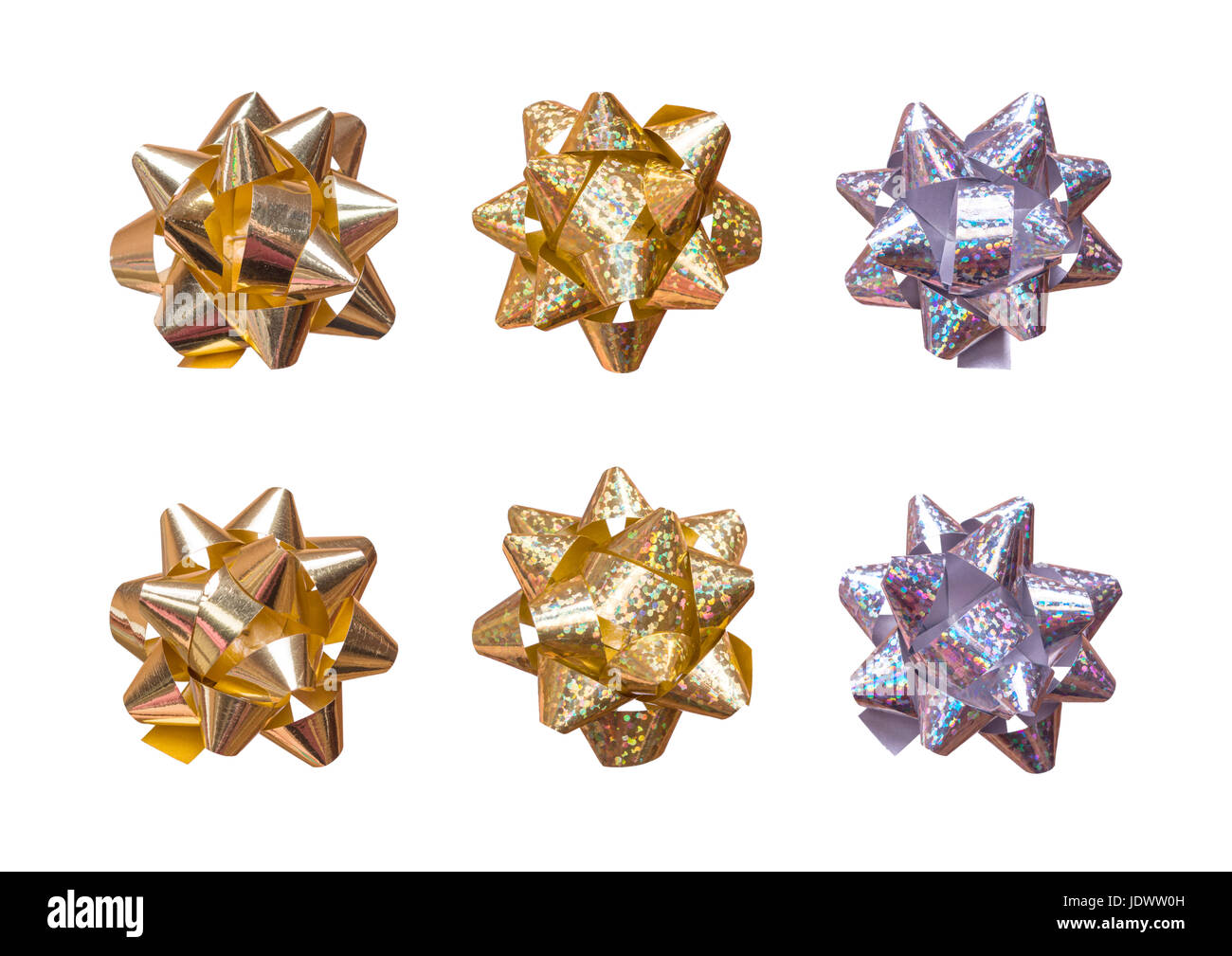 A set of gift bows isolated on white background. Gold and silver foil ...