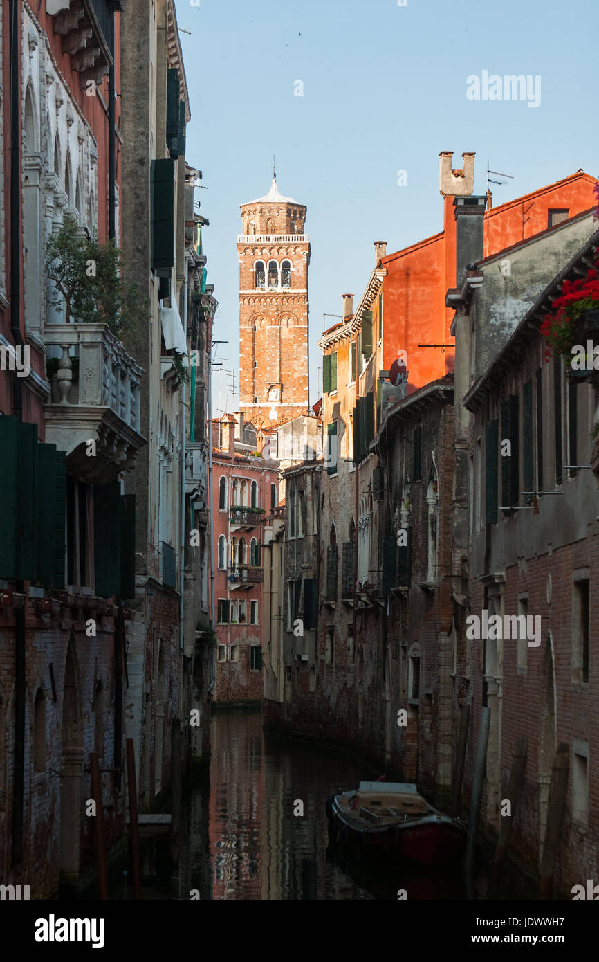 Venice - 6 June, 2017.  A canal with the towerbell of the Frari church in Venice, Italy. Stock Photo