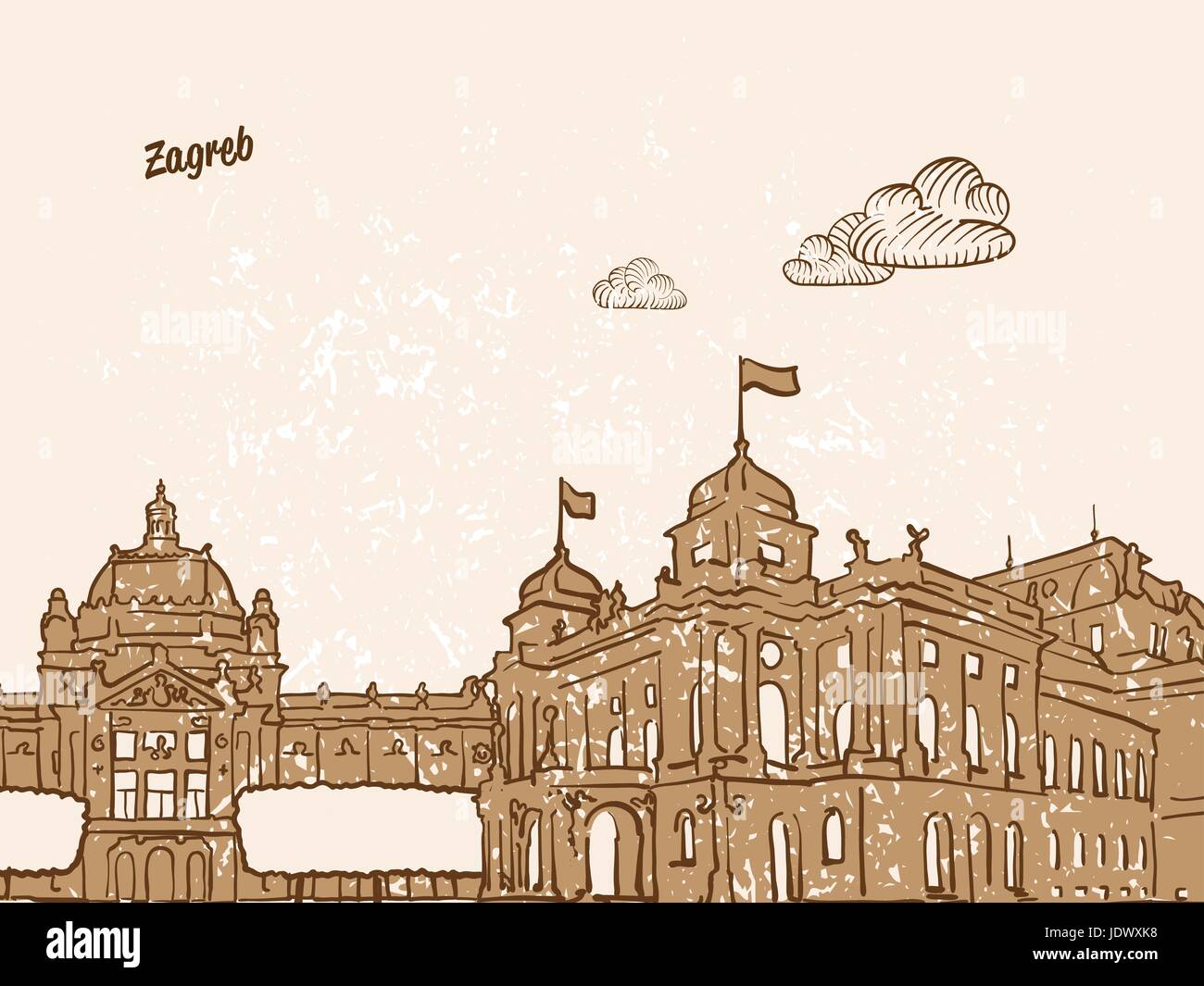 Zagreb, Croatia, Greeting Card, hand drawn image, famous european capital, vintage style, vector Illustration Stock Vector