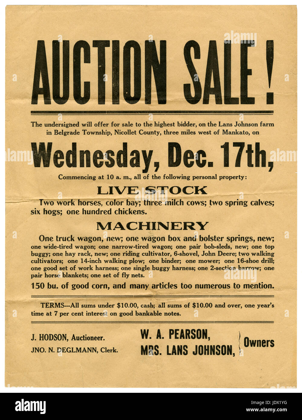 Antique c1915 Auction Sale poster of farm property in Belgrade Township