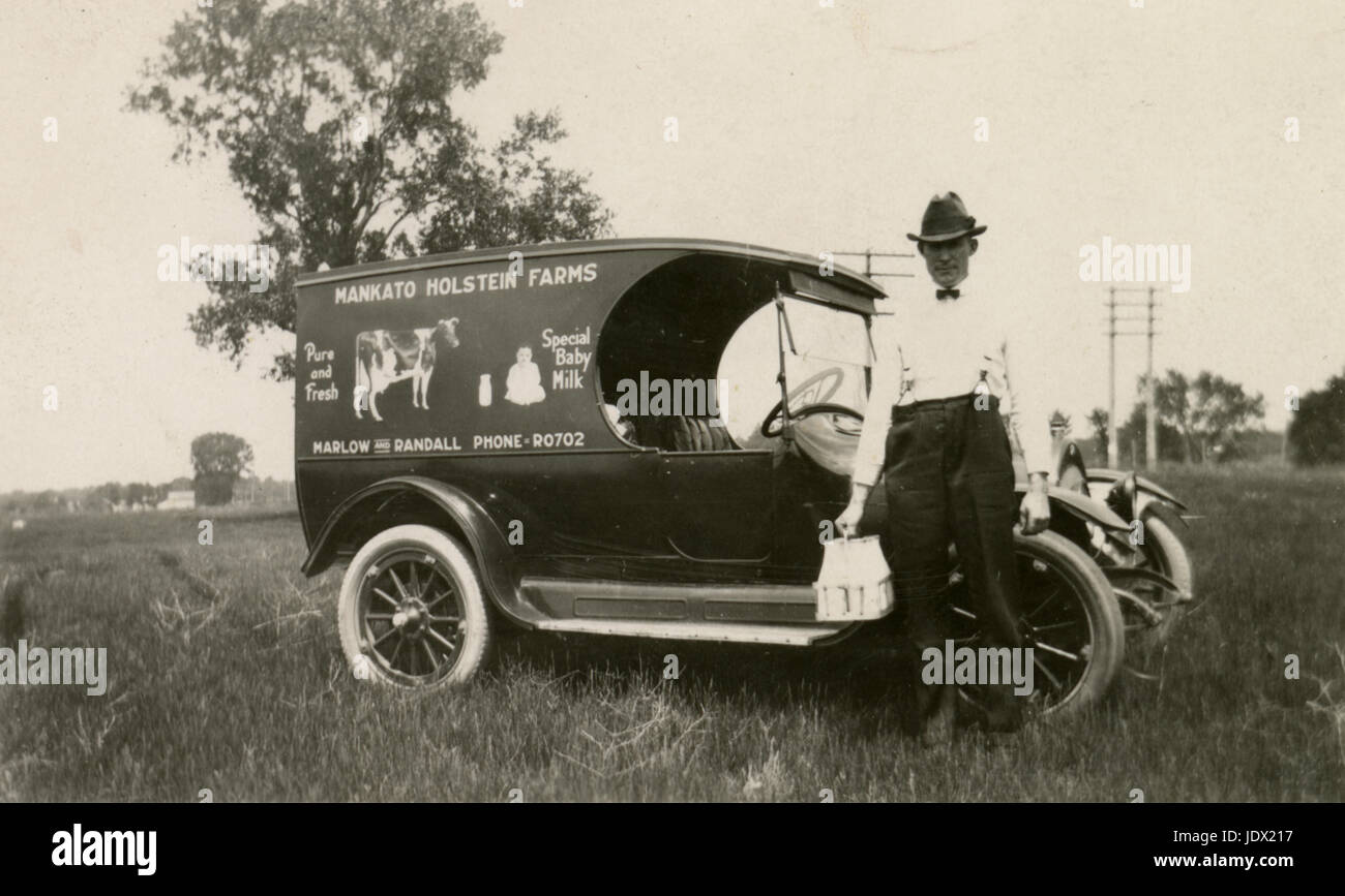 Antique c1922 photograph, company vehicle and driver from Mankato Holstein Farm in Mankato, Minnesota.  SOURCE: ORIGINAL PHOTOGRAPH. Stock Photo