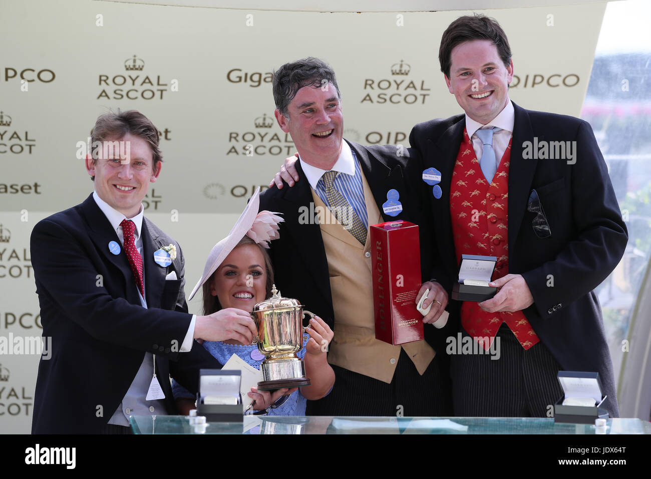 Ellie Simmonds presents trophies to Edward Harper (left) and members of Hot To Trot Racing Club, Luke Lillingston (centre) and Sam Hoskins after the Queen Mary Stakes during day two of Royal Ascot at Ascot Racecourse. Stock Photo
