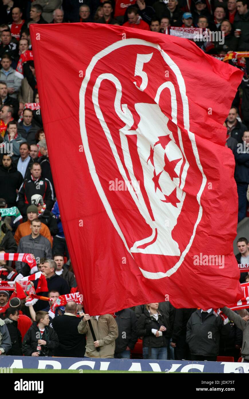 European Champions Flag Liverpool Fc Anfield Liverpool England 23 February 08 Stock Photo Alamy