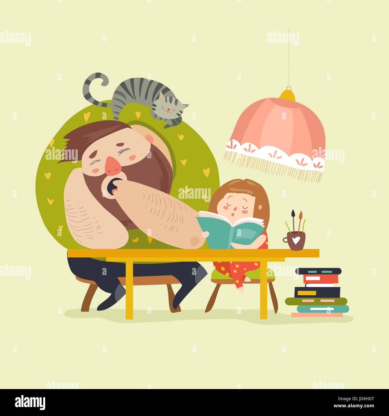 Girl with Dad doing homework Stock Vector