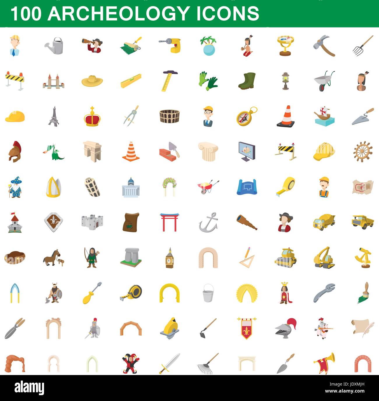 100 archeology icons set in cartoon style for any design vector ...