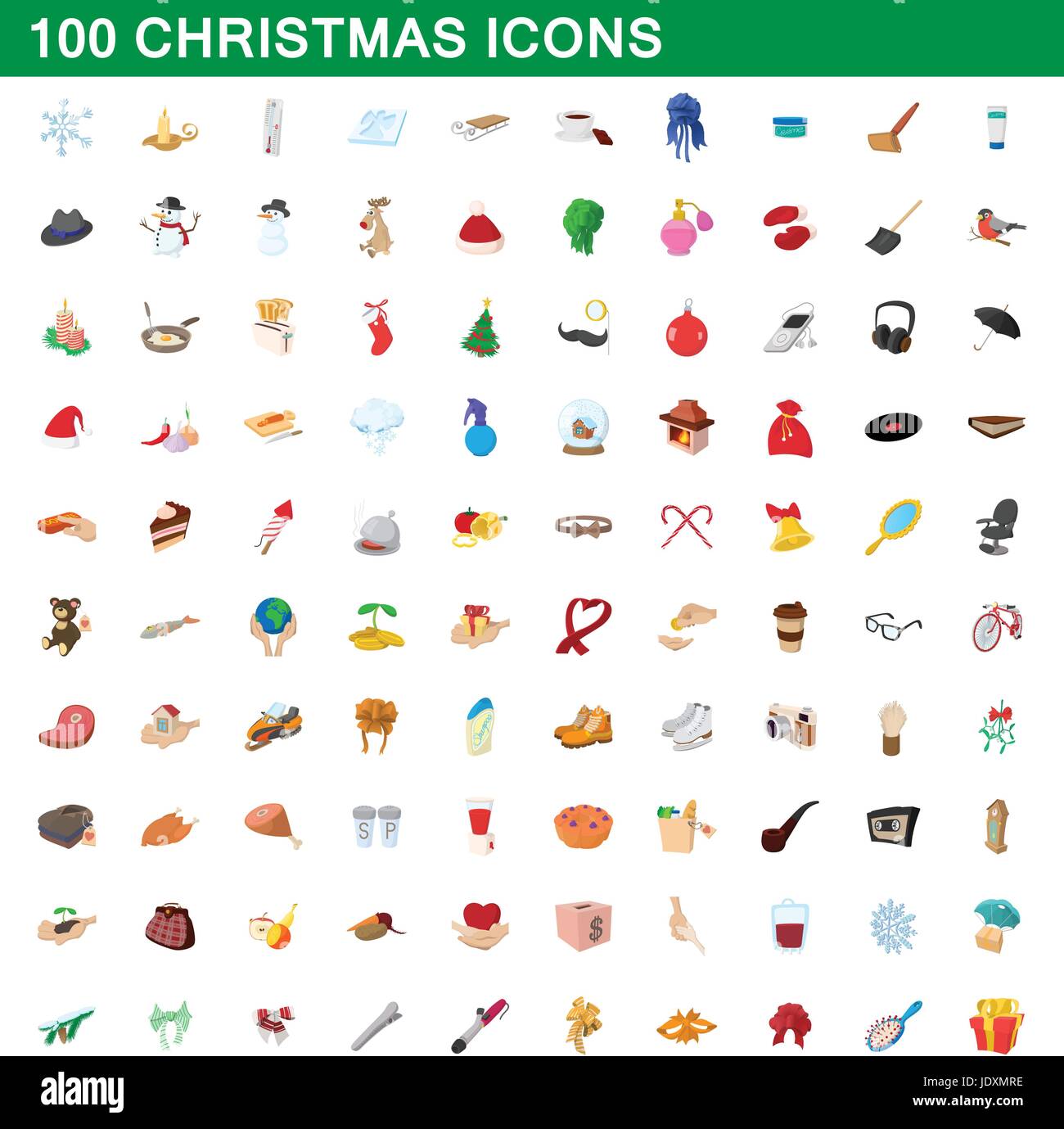 100 christmas icons set in cartoon style for any design vector ...