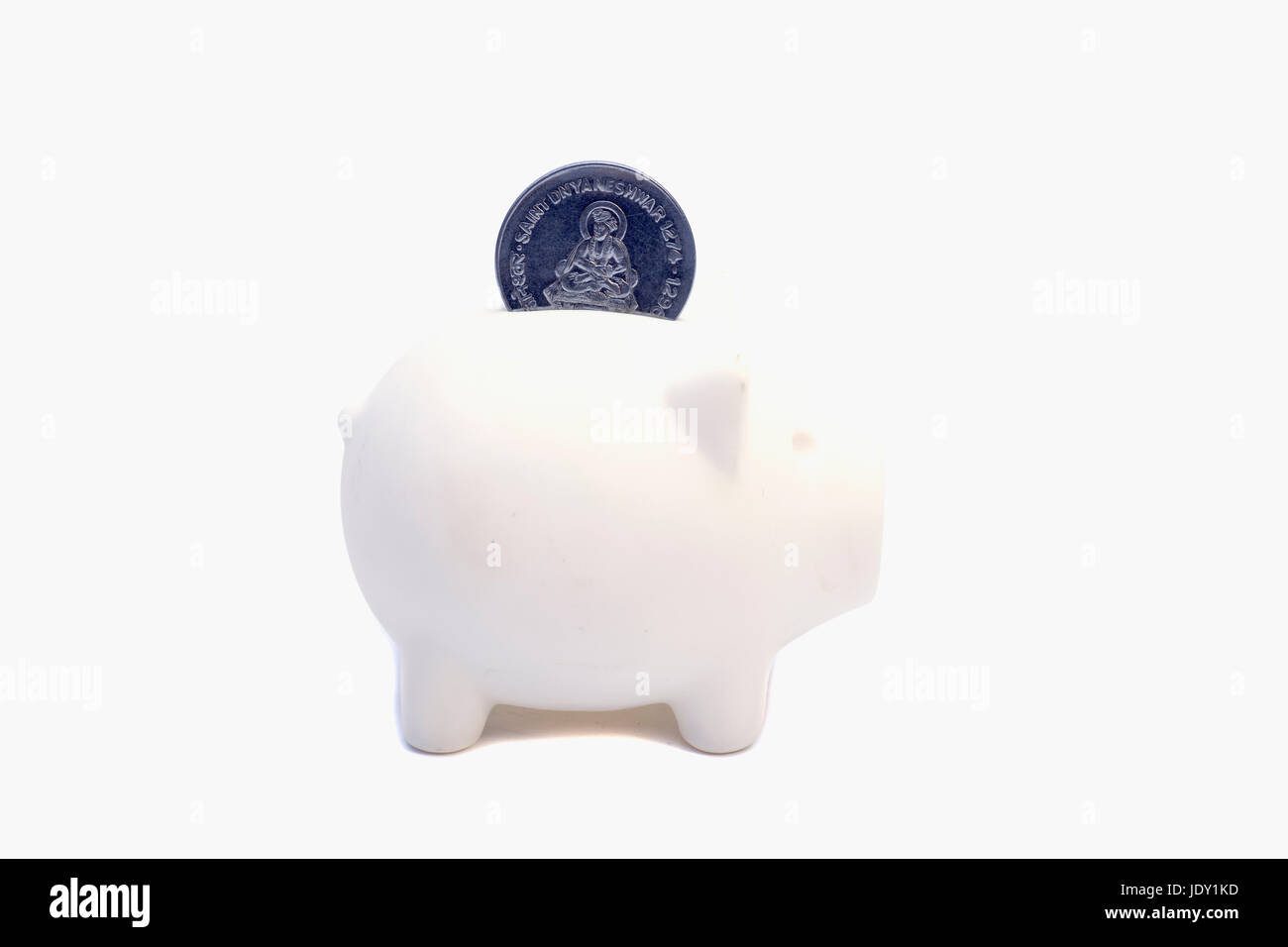 White piggy bank with indian rupee coin isolated on white Stock Photo ...
