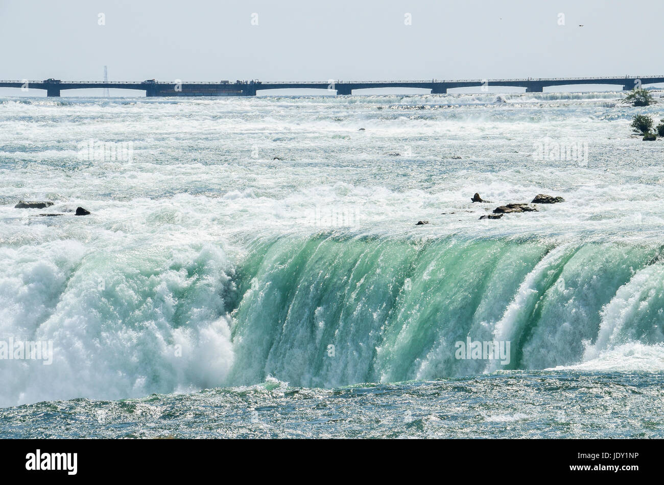 Green water Niagara Falls viewed from Canadian side with bridge Stock