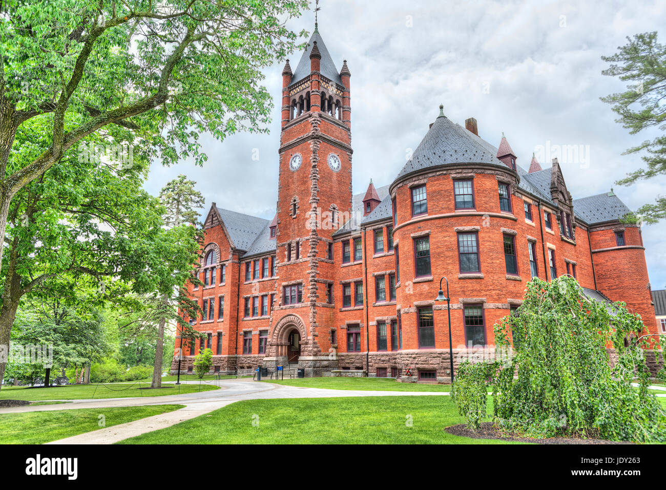 Gettysburg, USA - May 24, 2017: Glatfelter Hall, Gettysburg College red brick building with cloudy sky and clock Stock Photo