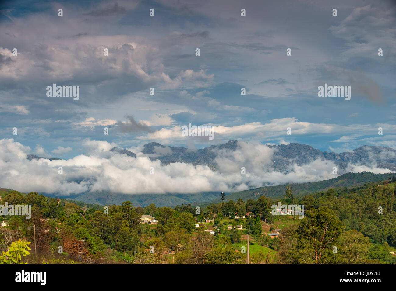 Chimanimani town seen in front of the Chimanimani mountains, Zimbabwe. Stock Photo