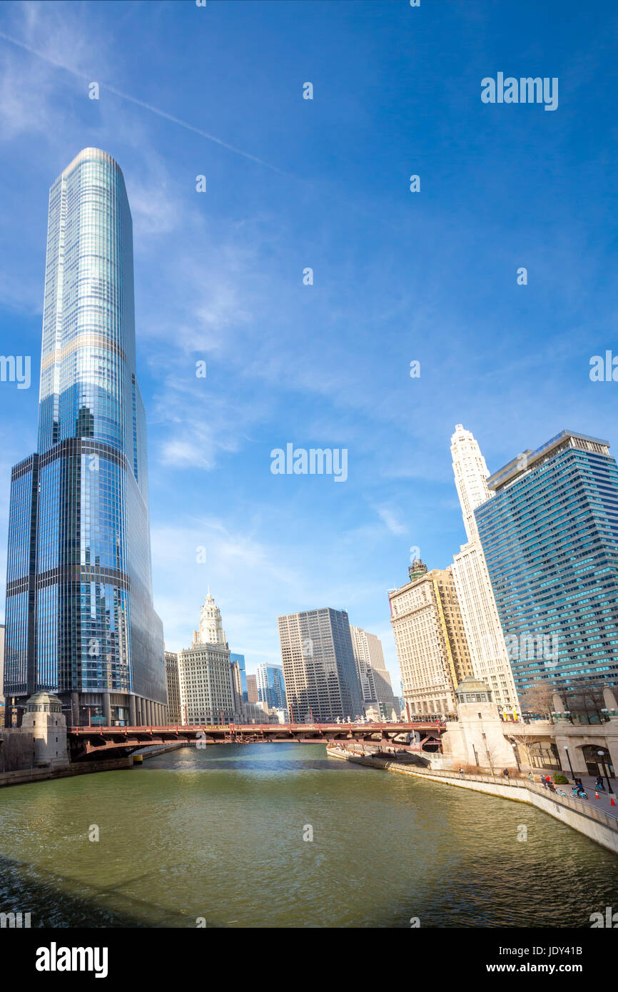 City of Chicago downtown and River with bridges Stock Photo - Alamy