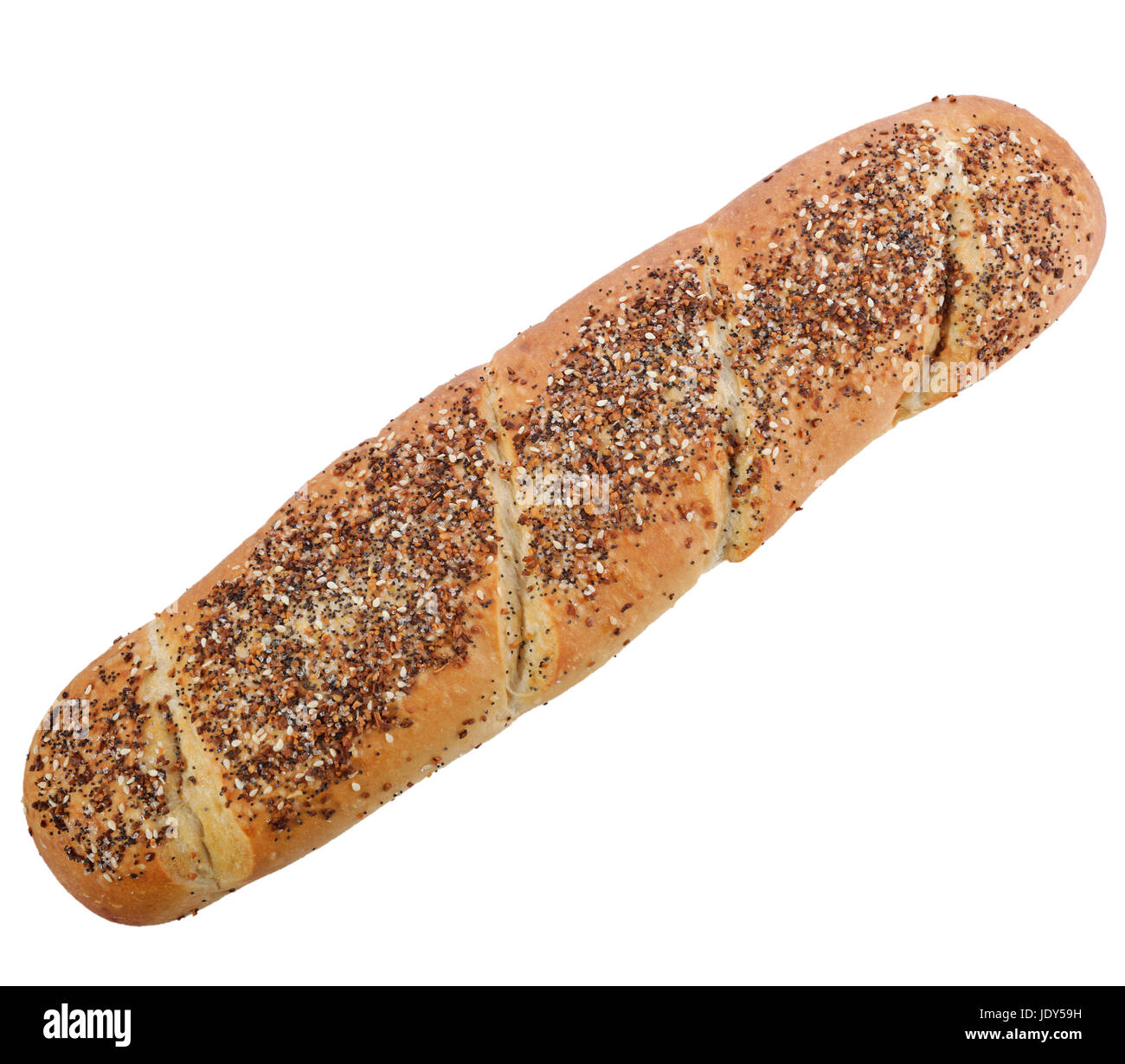 French Loaf Of Bread With Seeds And Spices Isolated On White Background