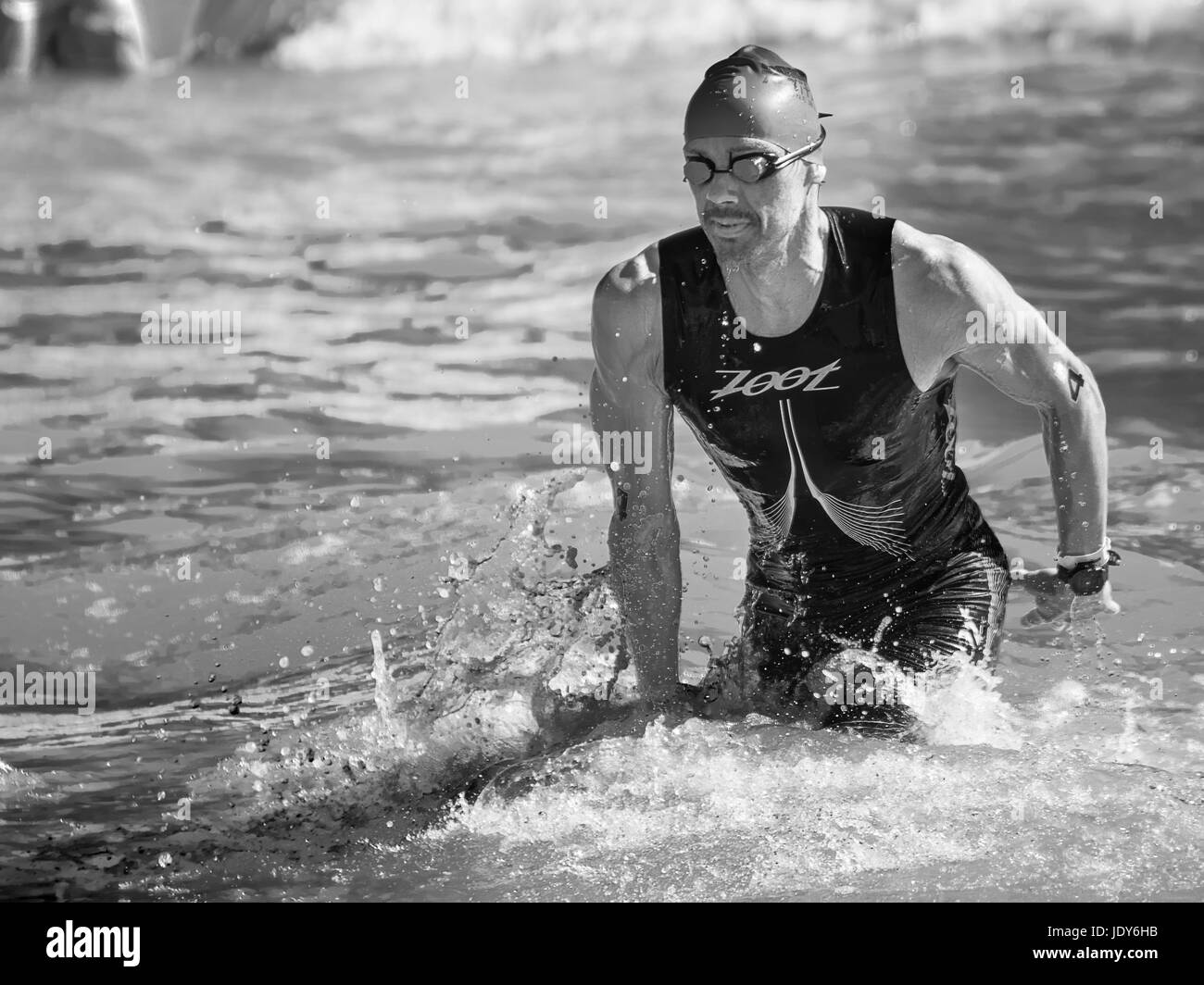 Pescara, Italy - June 18, 2017: Arrival of Pedraza Sebastian, athletes at the end of the swimming test at Ironman 70.3 in Pescara Stock Photo