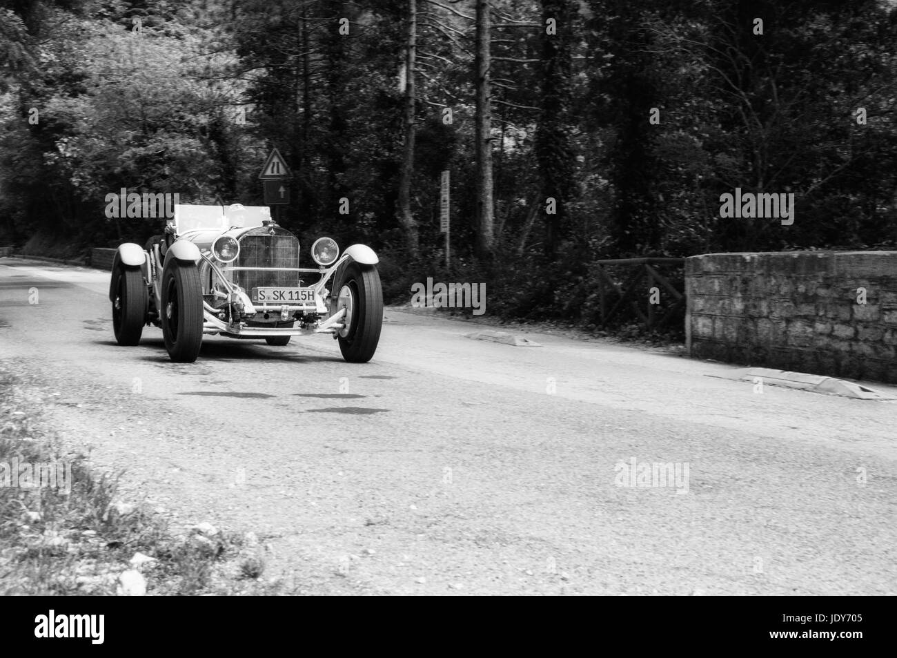 GOLA DEL FURLO, ITALY - MAY 19: MERCEDES-BENZ 710 SSK 1928 on an old racing car in rally Mille Miglia 2017 the famous italian historical race (1927-19 Stock Photo